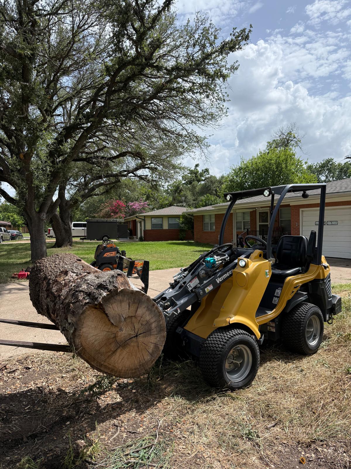 Estrada Treescapes compact loader moving a large oak trunk section from a Belton, TX front yard